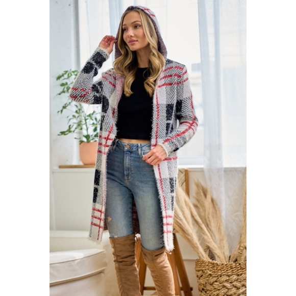 Red Ivory Fuzzy Eyelash Plaid Pattern Hooded Coatigan Cardigan Knit Sweater - Picture 2 of 4